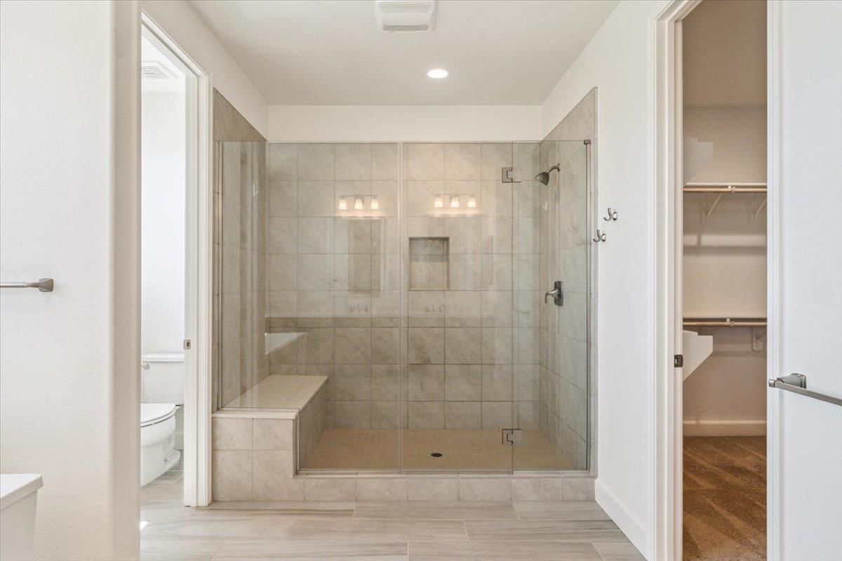 Bathroom, Glass Shower, Interior, Recessed Lighting, Wood Texture Flooring