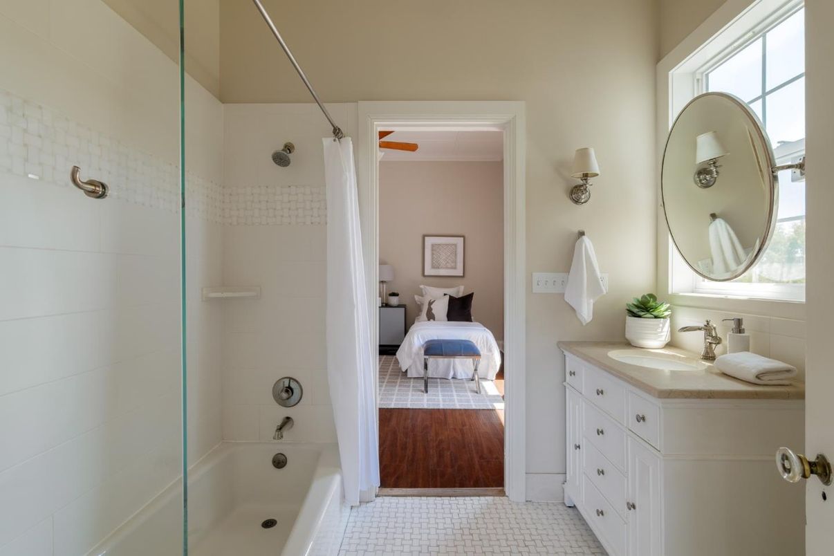 Bathroom, Bedroom, Glass Shower, Interior, Wood Texture Flooring