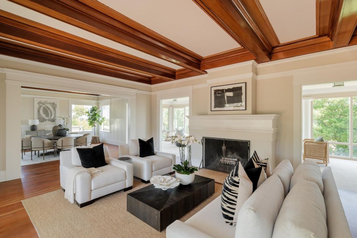 Dining room, Fireplace, Interior, Living room, Wooden Beams, Wood Texture Flooring