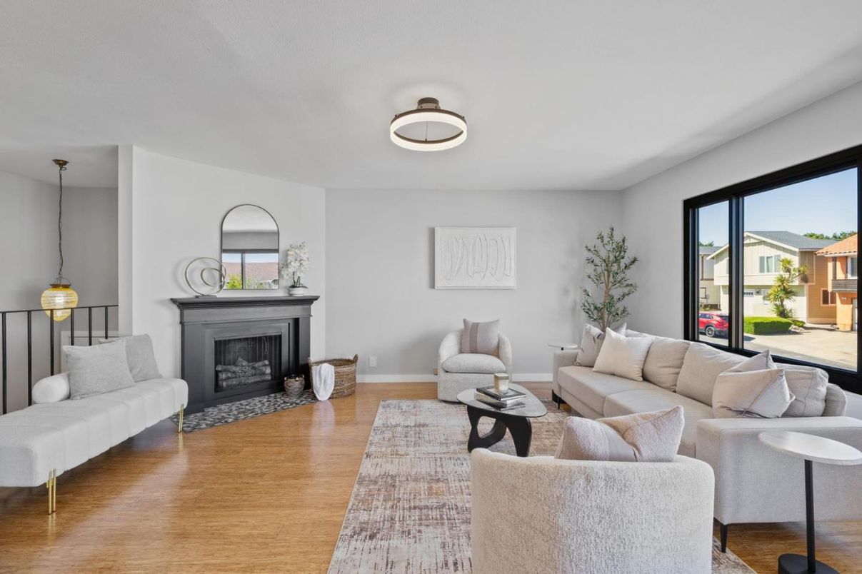 Fireplace, Interior, Living room, Pendant Lights, Wood Texture Flooring