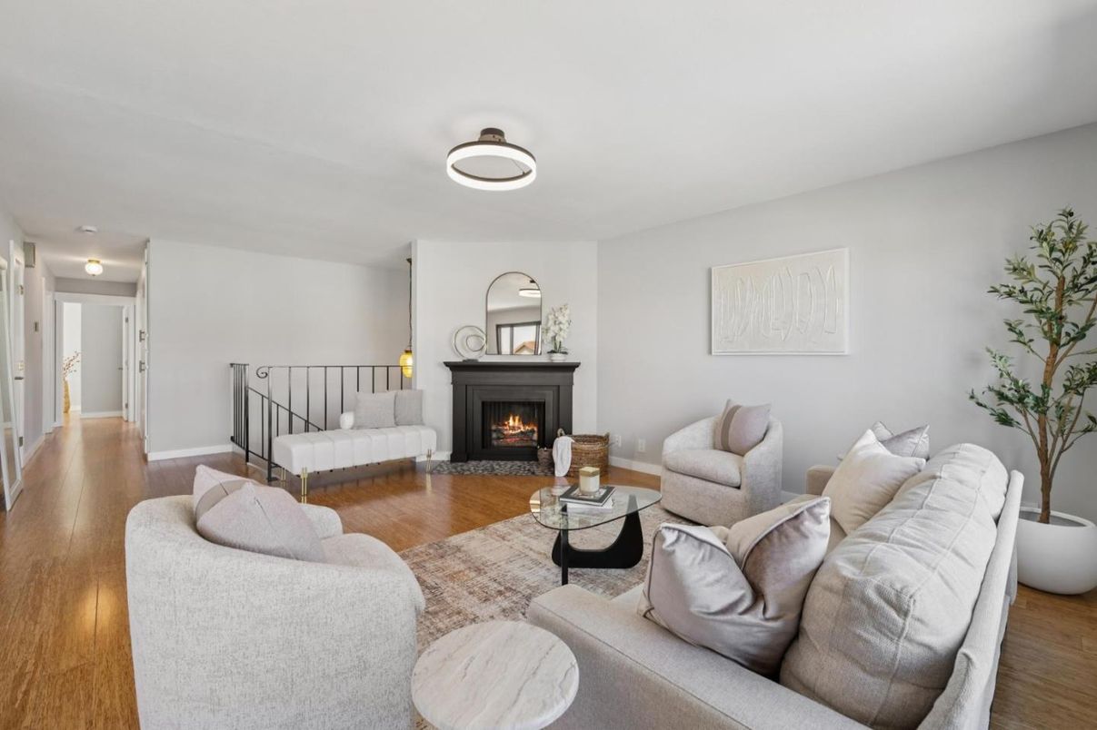 Fireplace, Interior, Living room, Pendant Lights, Wood Texture Flooring