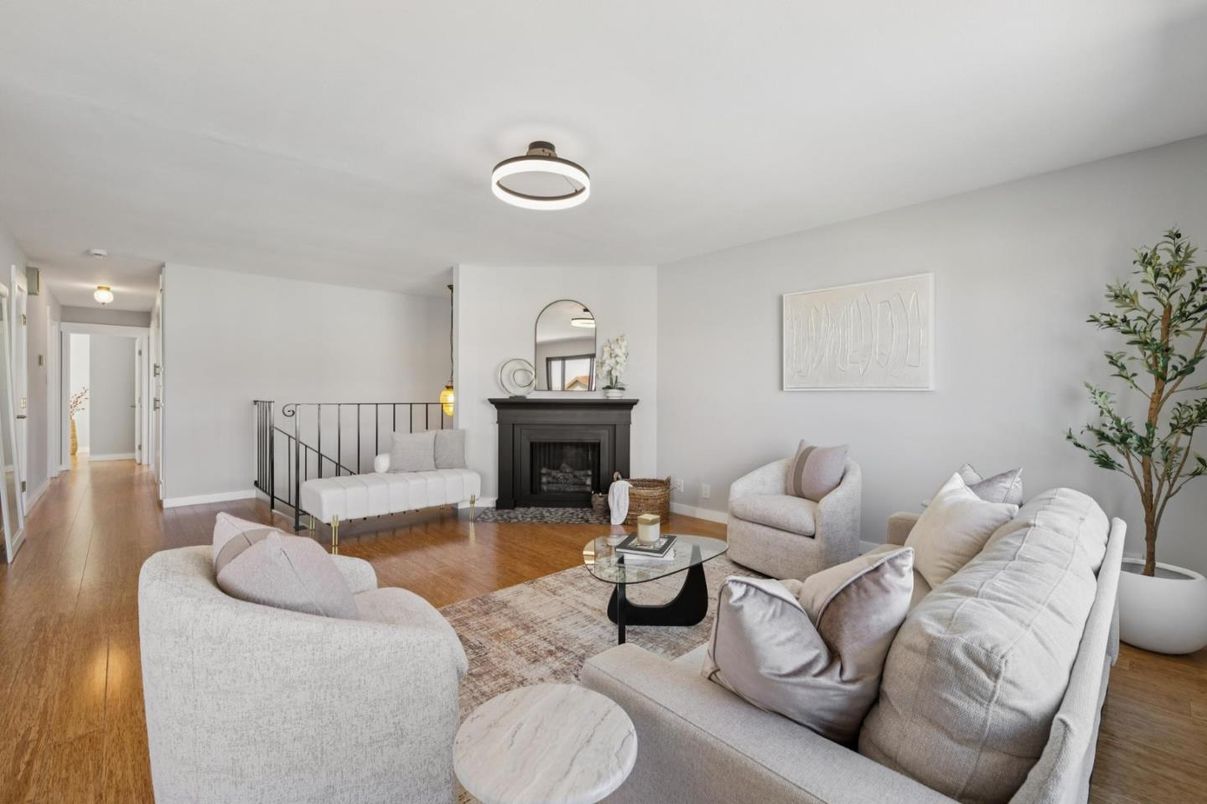 Fireplace, Interior, Living room, Pendant Lights, Wood Texture Flooring