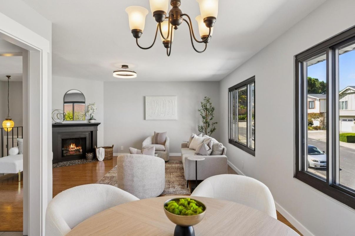Chandelier, Dining room, Fireplace, Interior, Living room, Wood Texture Flooring