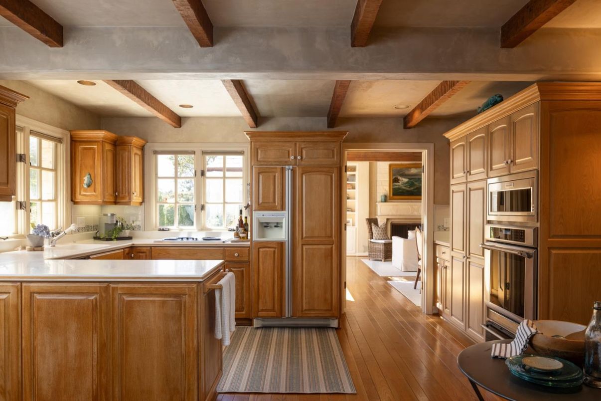 Fireplace, Interior, Kitchen, Recessed Lighting, Stainless Steel Appliances, Wooden Beams, Wood Texture Flooring