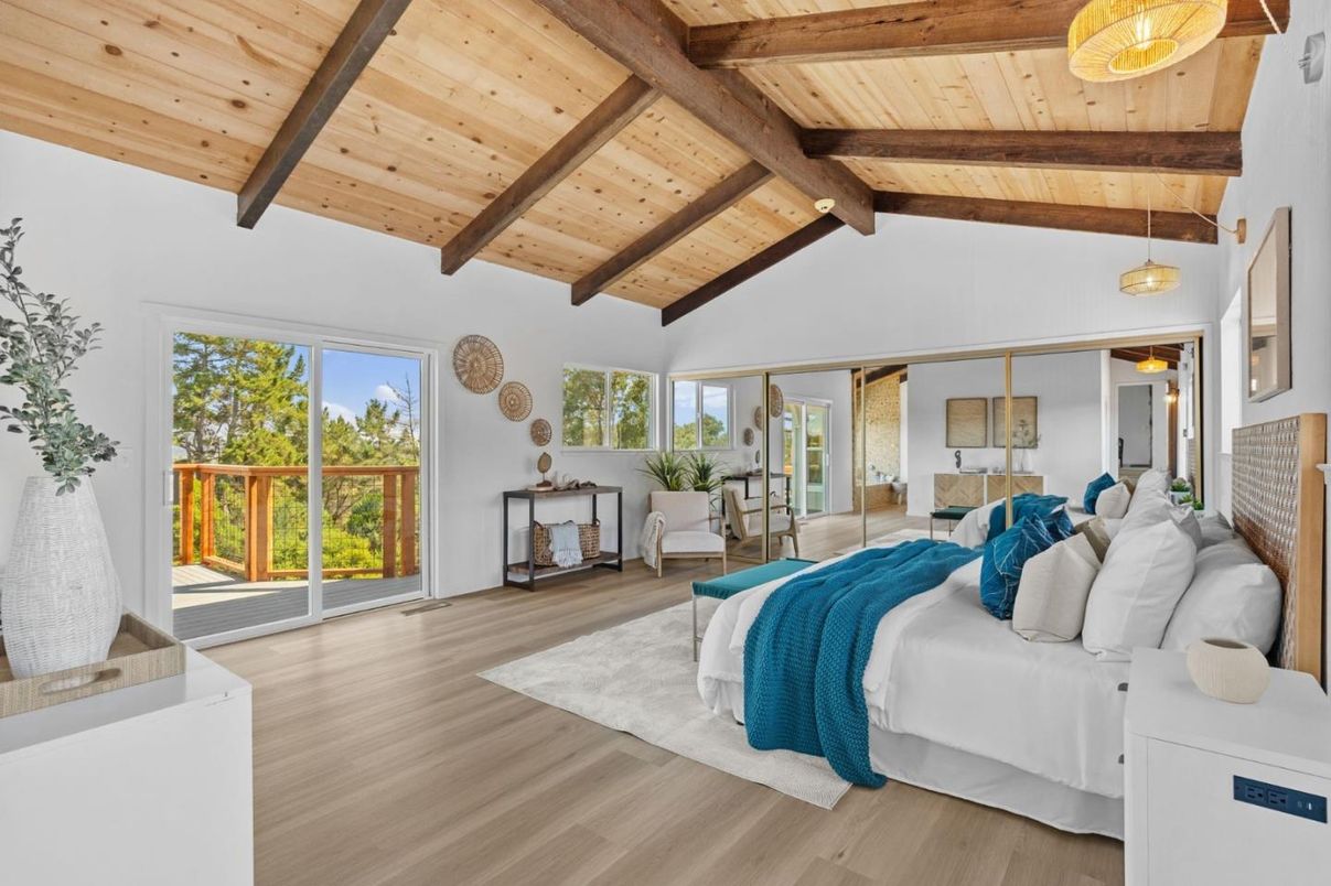Bedroom, Interior, Pendant Lights, Wooden Beams, Wooden Ceilings, Wood Texture Flooring