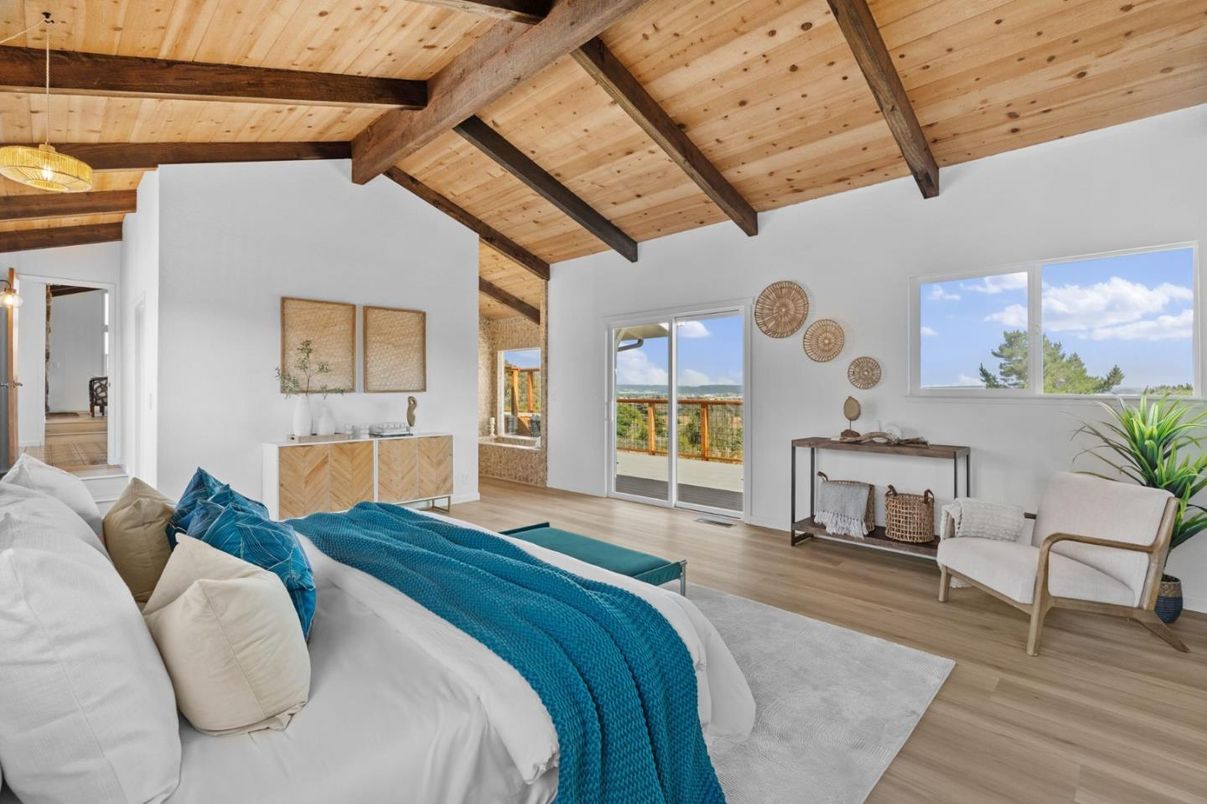 Bedroom, Interior, Pendant Lights, Wooden Beams, Wooden Ceilings, Wood Texture Flooring