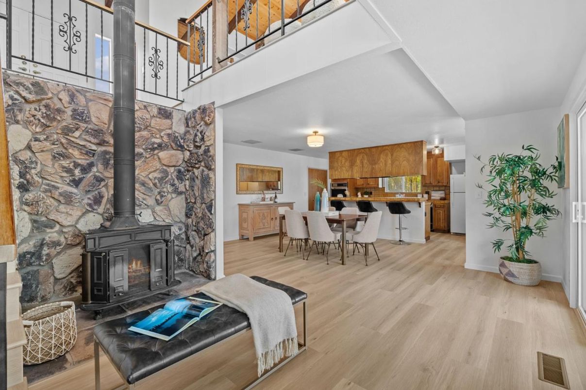 Dining room, Fireplace, Interior, Kitchen, Stone Walls, Wood Texture Flooring