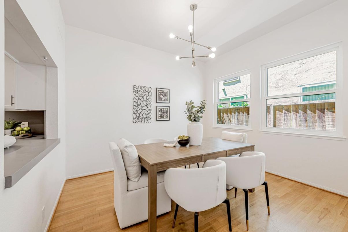 Dining room, Interior, Pendant Lights, Wood Texture Flooring