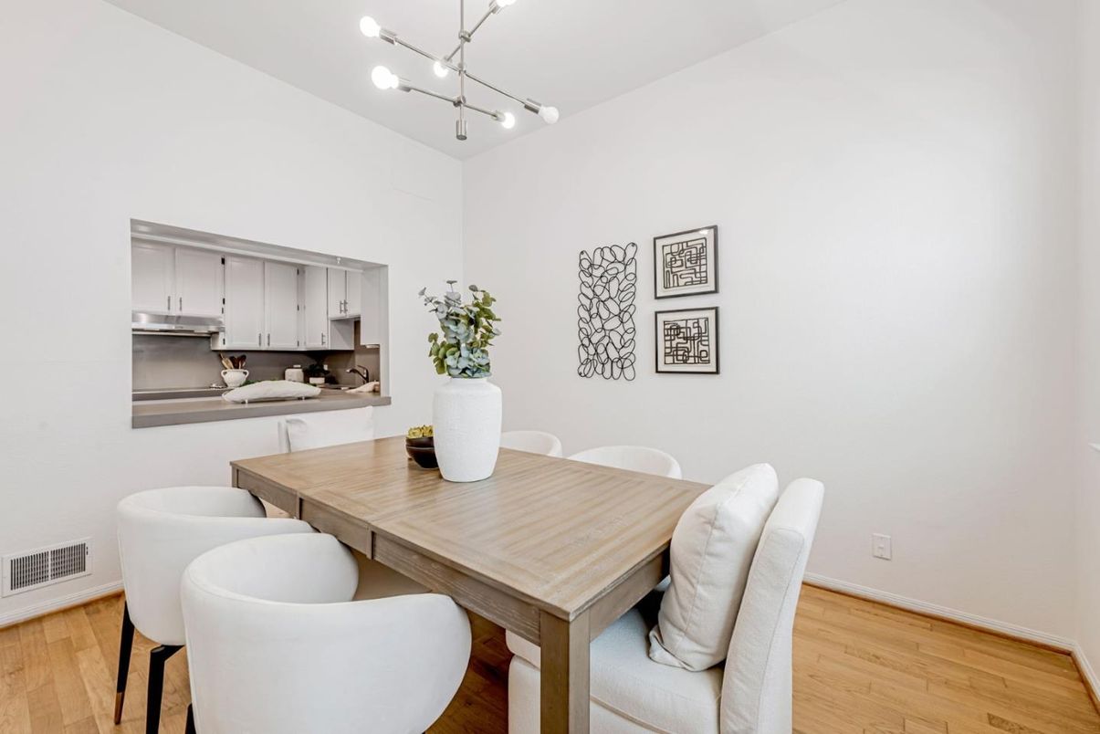 Dining room, Interior, Kitchen, Pendant Lights, Stainless Steel Appliances, Wood Texture Flooring