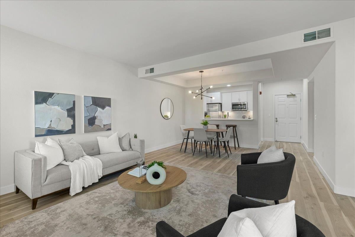 Dining room, Interior, Kitchen, Living room, Pendant Lights, Stainless Steel Appliances, Wood Texture Flooring