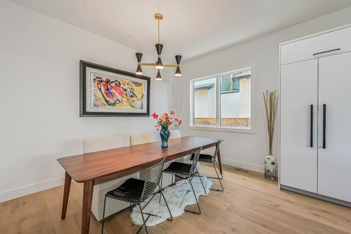 Dining room, Interior, Pendant Lights, Wood Texture Flooring