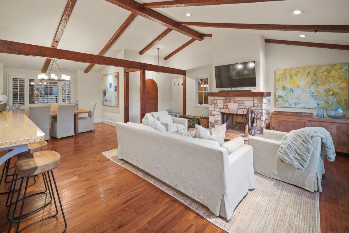 Dining room, Fireplace, Interior, Living room, Pendant Lights, Recessed Lighting, Wooden Beams, Wood Texture Flooring