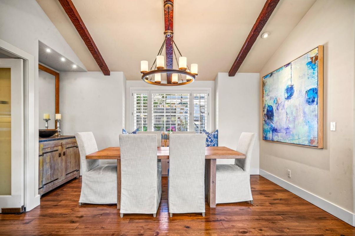 Chandelier, Dining room, Interior, Recessed Lighting, Wooden Beams, Wood Texture Flooring