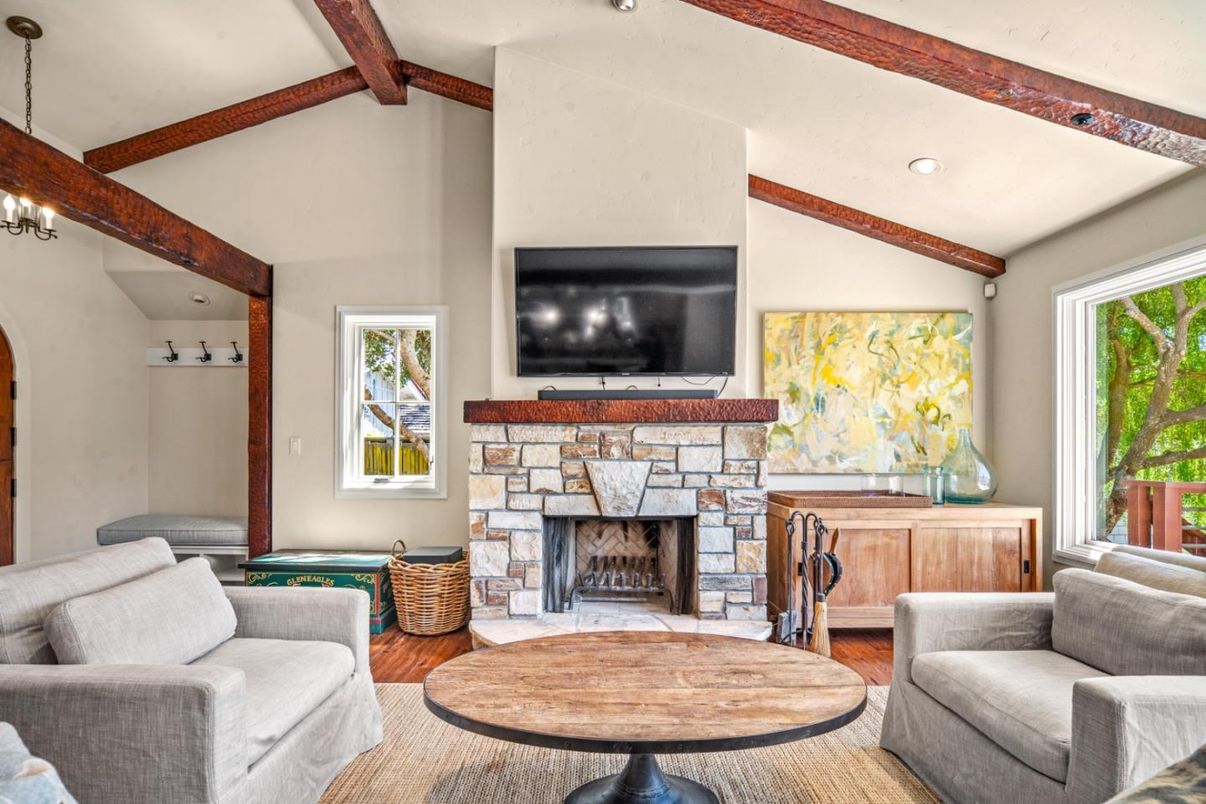 Fireplace, Interior, Living room, Recessed Lighting, Wooden Beams, Wood Texture Flooring