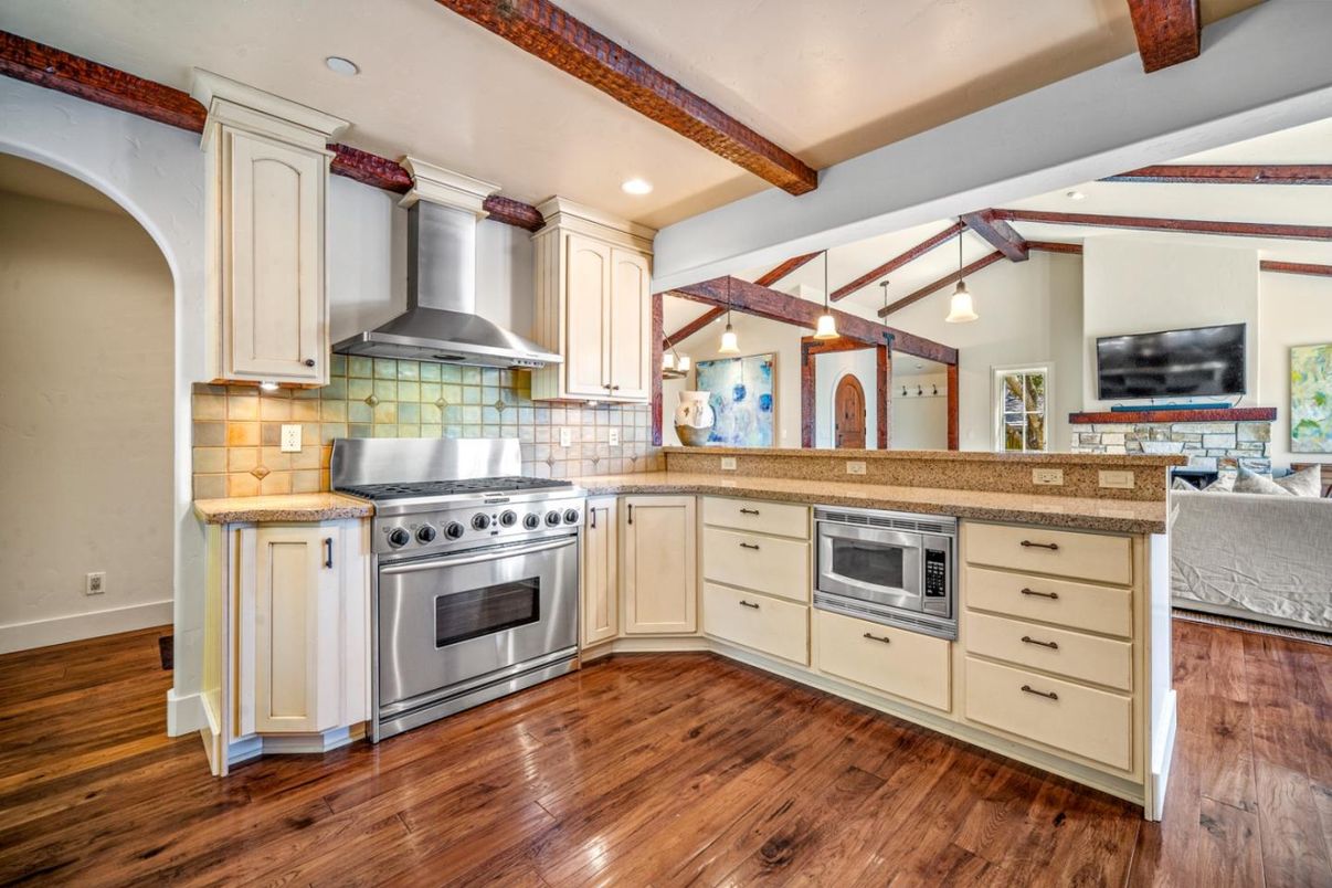 Interior, Kitchen, Pendant Lights, Recessed Lighting, Stainless Steel Appliances, Wooden Beams, Wood Texture Flooring