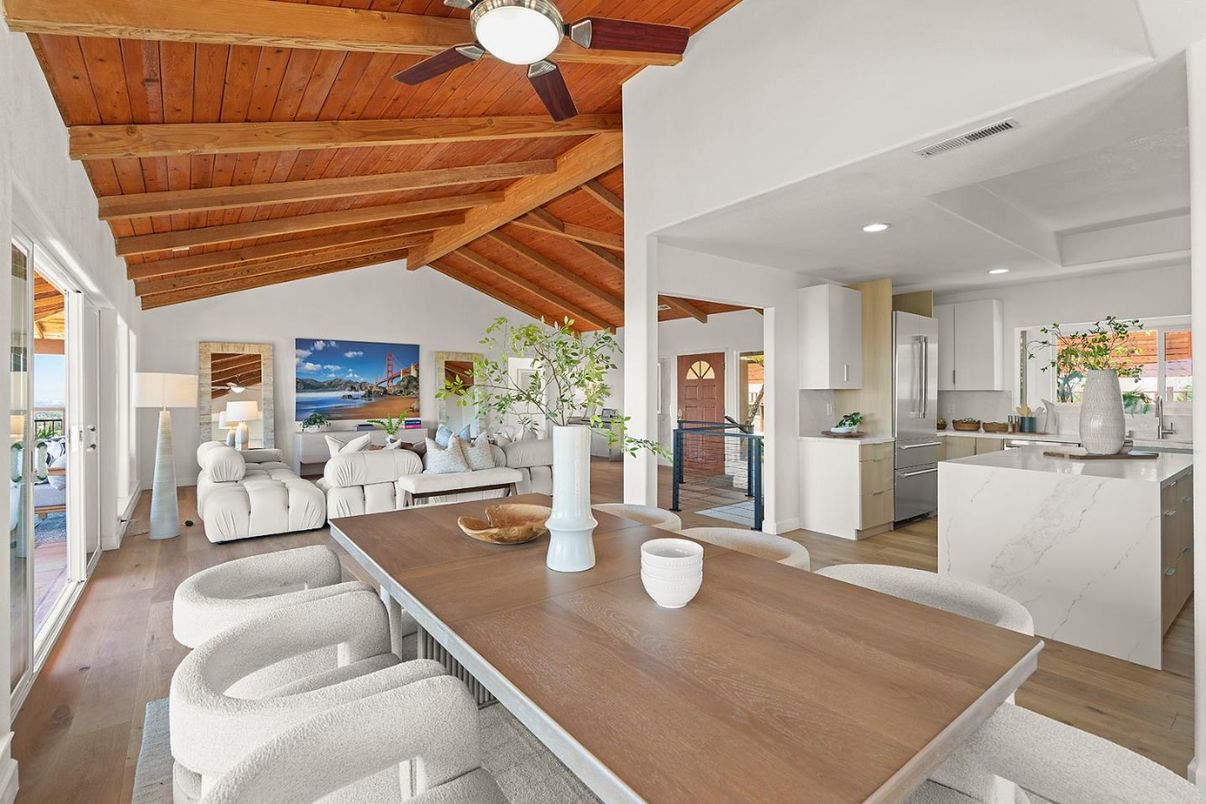 Dining room, Interior, Kitchen, Living room, Recessed Lighting, Wooden Beams, Wooden Ceilings, Wood Texture Flooring