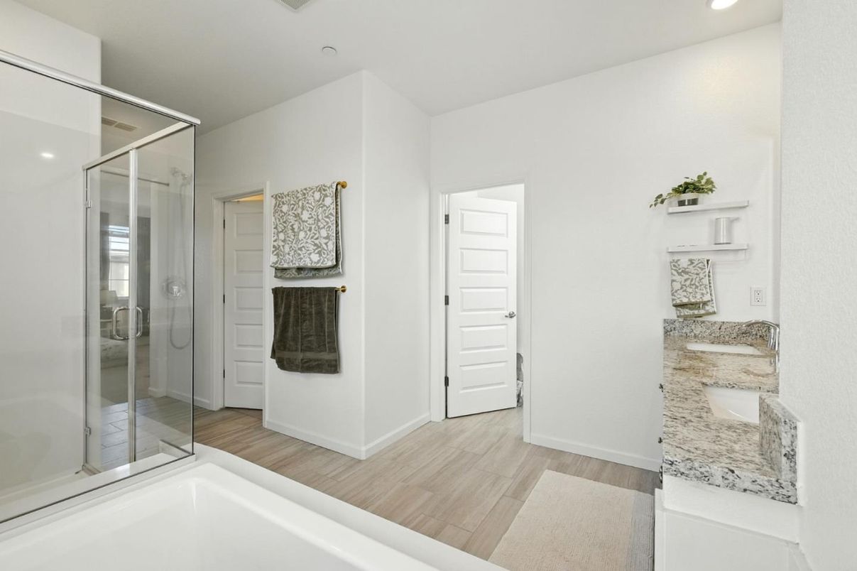 Bathroom, Glass Shower, Interior, Recessed Lighting, Wood Texture Flooring