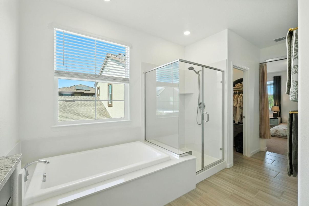 Bathroom, Bedroom, Glass Shower, Interior, Recessed Lighting, Wood Texture Flooring