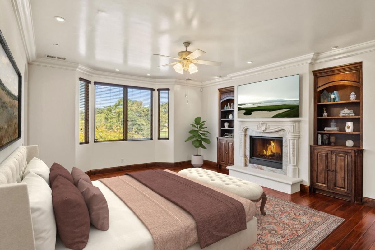 Bedroom, Fireplace, Interior, Recessed Lighting, Wood Texture Flooring