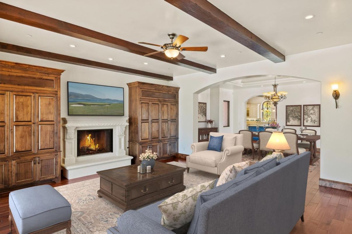 Chandelier, Dining room, Fireplace, Interior, Living room, Recessed Lighting, Wooden Beams, Wood Texture Flooring