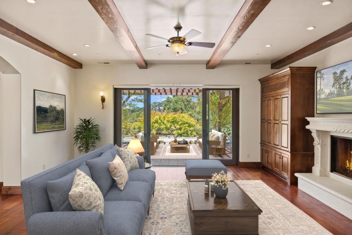 Fireplace, Interior, Living room, Recessed Lighting, Wooden Beams, Wood Texture Flooring