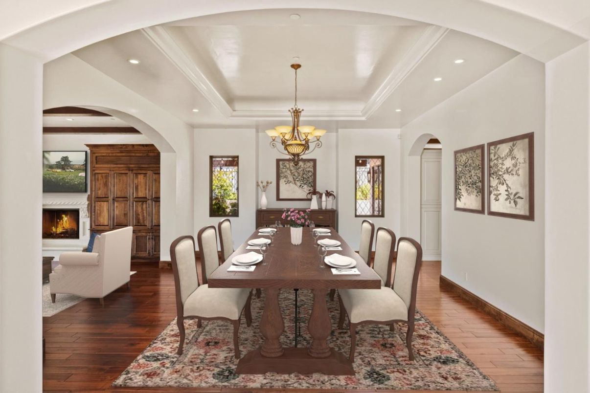 Chandelier, Dining room, Fireplace, Interior, Living room, Recessed Lighting, Wood Texture Flooring