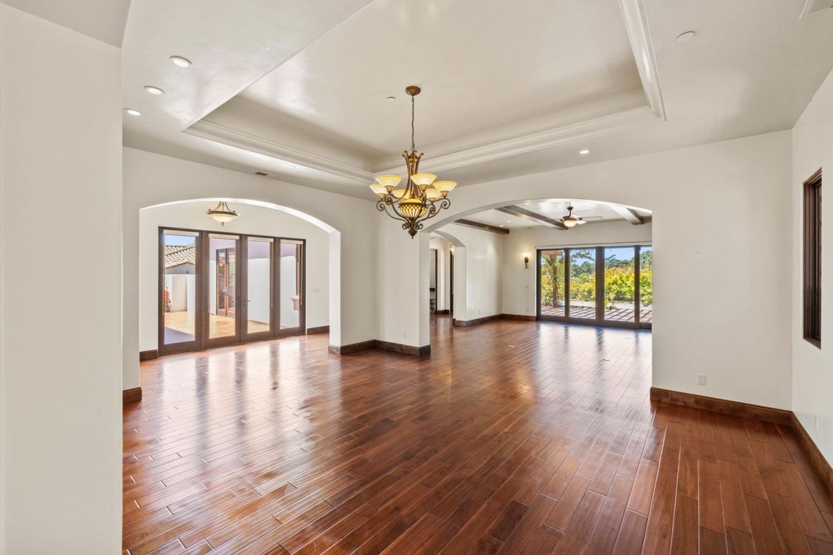 Chandelier, Empty room, Interior, Pendant Lights, Recessed Lighting, Wood Texture Flooring