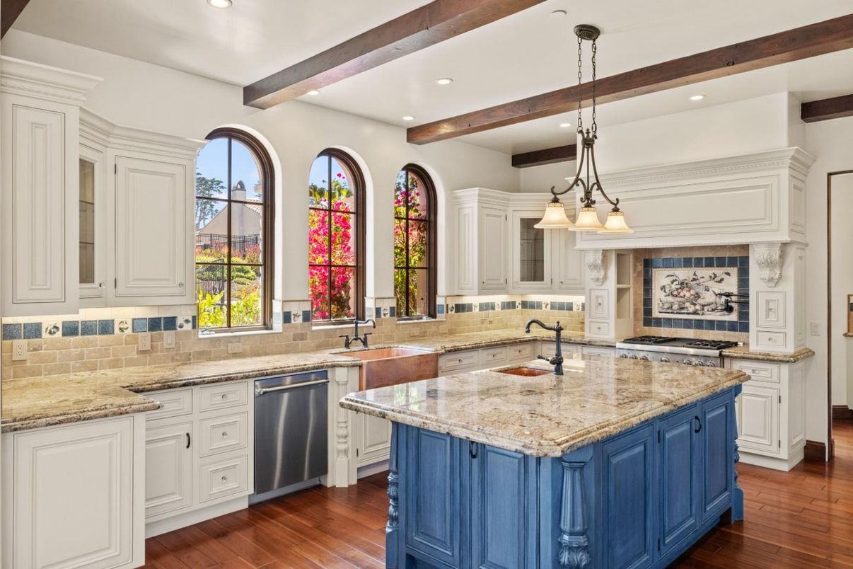 Interior, Kitchen, Pendant Lights, Recessed Lighting, Stainless Steel Appliances, Wooden Beams, Wood Texture Flooring