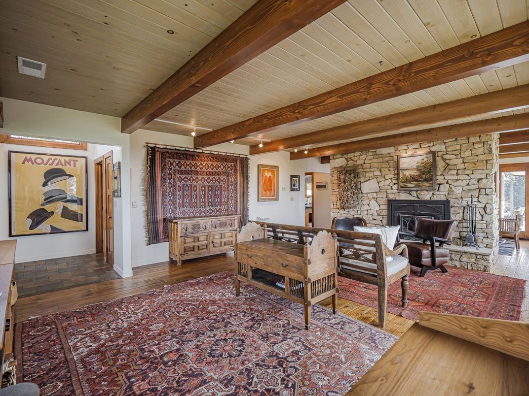 Fireplace, Interior, Recessed Lighting, Stone Walls, Wooden Beams, Wooden Ceilings, Wood Texture Flooring