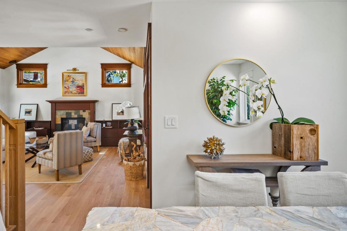 Dining room, Fireplace, Interior, Living room, Recessed Lighting, Wooden Ceilings, Wood Texture Flooring