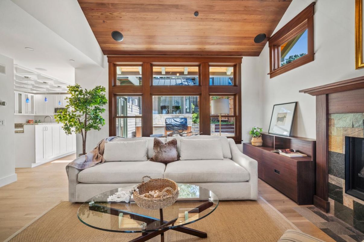 Fireplace, Interior, Living room, Recessed Lighting, Wooden Ceilings, Wood Texture Flooring