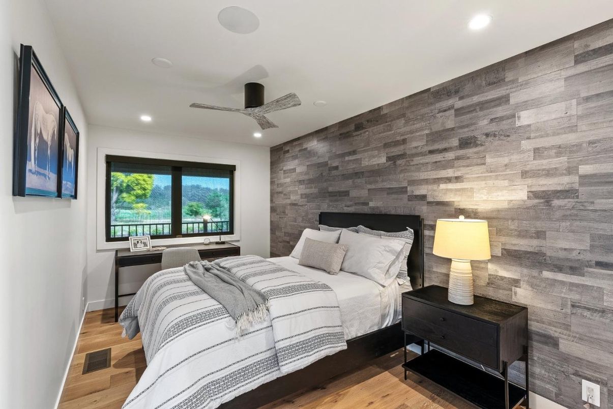 Bedroom, Interior, Recessed Lighting, Wood Texture Flooring, Wooden Walls
