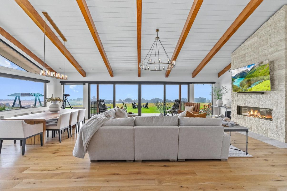 Dining room, Fireplace, Interior, Living room, Pendant Lights, Wooden Beams, Wood Texture Flooring