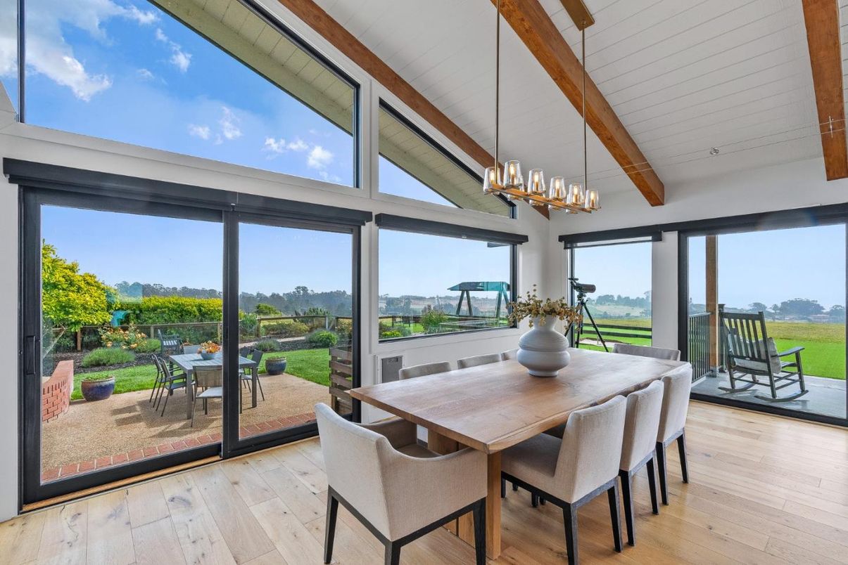 Dining room, Interior, Pendant Lights, Wooden Beams, Wood Texture Flooring