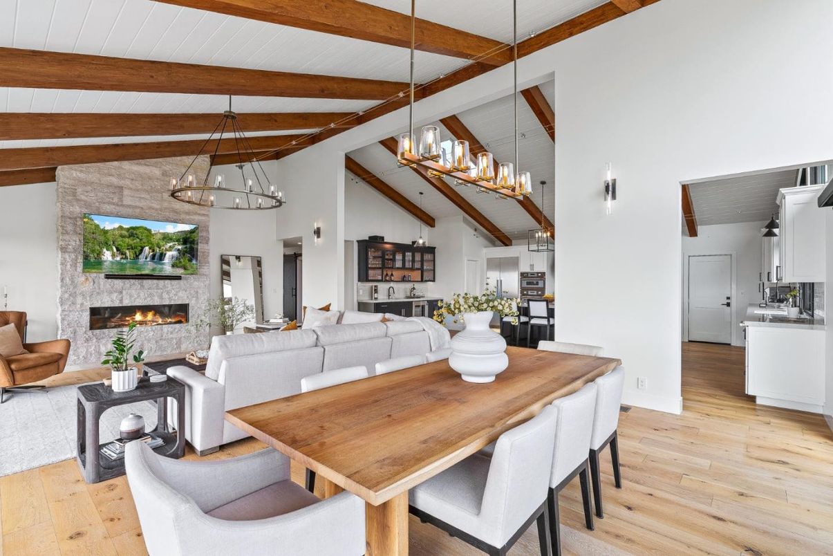 Chandelier, Dining room, Fireplace, Interior, Living room, Pendant Lights, Wooden Beams, Wood Texture Flooring