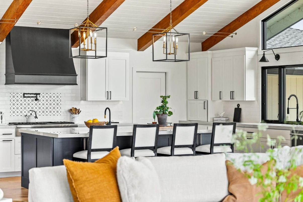 Interior, Kitchen, Pendant Lights, Stainless Steel Appliances, Wooden Beams, Wood Texture Flooring