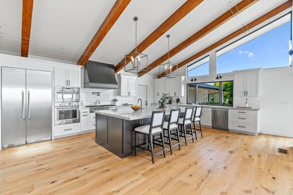 Interior, Kitchen, Pendant Lights, Stainless Steel Appliances, Wooden Beams, Wood Texture Flooring