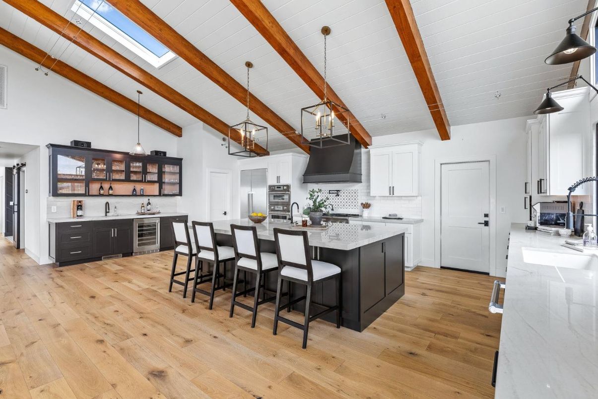 Interior, Kitchen, Pendant Lights, Stainless Steel Appliances, Wooden Beams, Wood Texture Flooring