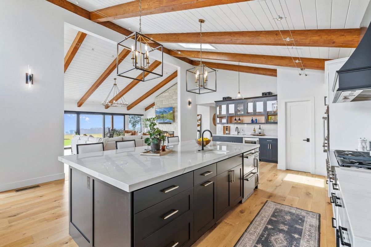 Interior, Kitchen, Pendant Lights, Wooden Beams, Wood Texture Flooring