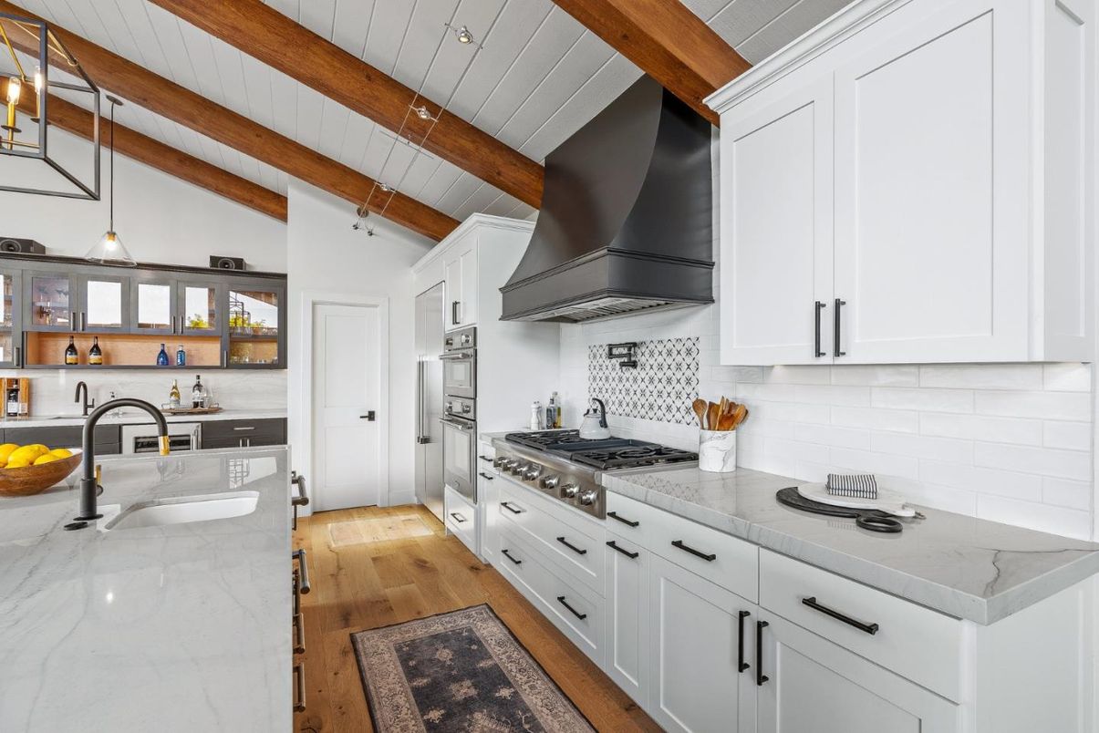 Interior, Kitchen, Pendant Lights, Stainless Steel Appliances, Wooden Beams, Wood Texture Flooring
