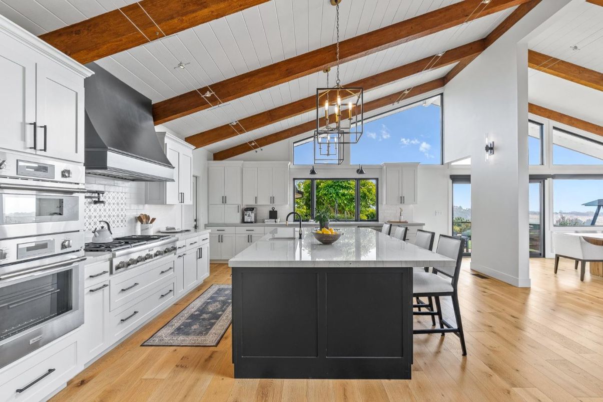 Interior, Kitchen, Pendant Lights, Stainless Steel Appliances, Wooden Beams, Wood Texture Flooring