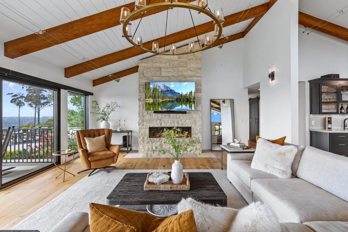 Fireplace, Interior, Living room, Stone Walls, Wooden Beams, Wood Texture Flooring
