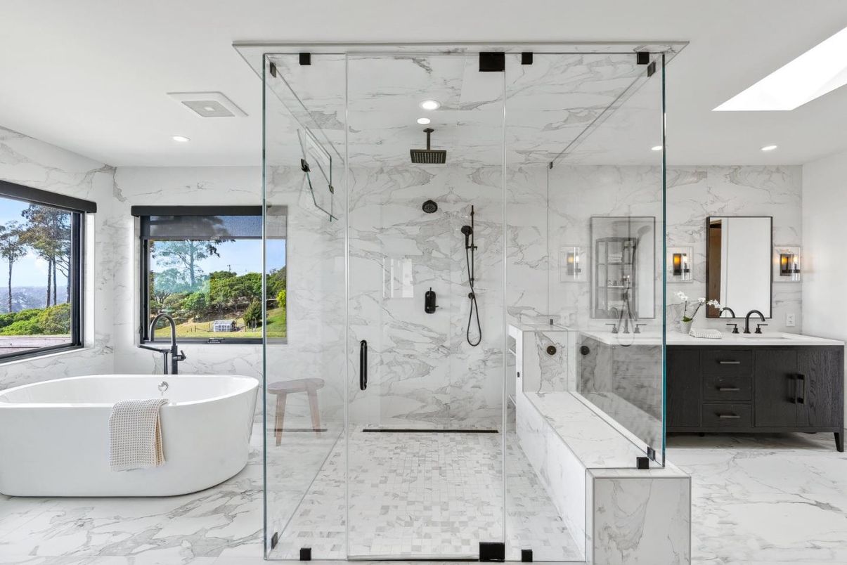 Bathroom, Dual Sink Vanities, Free Standing Baths, Glass Shower, Interior, Marble, Marble Walls, Recessed Lighting