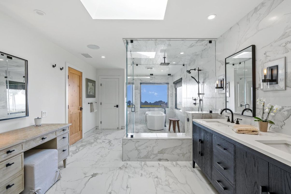 Bathroom, Dual Sink Vanities, Free Standing Baths, Glass Shower, Interior, Marble, Marble Walls, Recessed Lighting