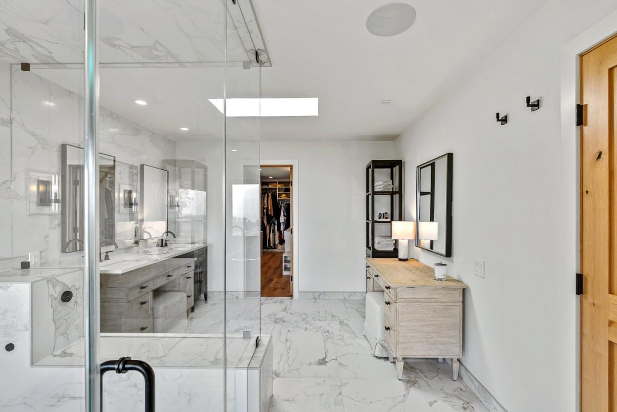 Bathroom, Dual Sink Vanities, Glass Shower, Interior, Marble, Marble Walls, Recessed Lighting