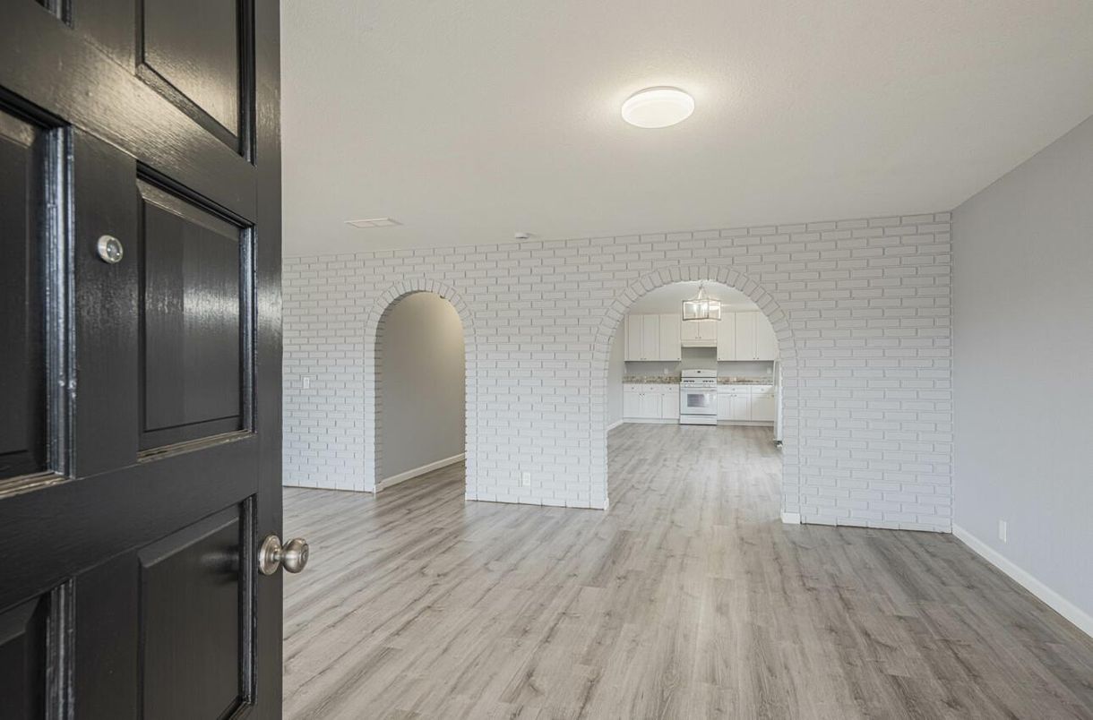 Empty room, Interior, Kitchen, Stone Walls, Wood Texture Flooring