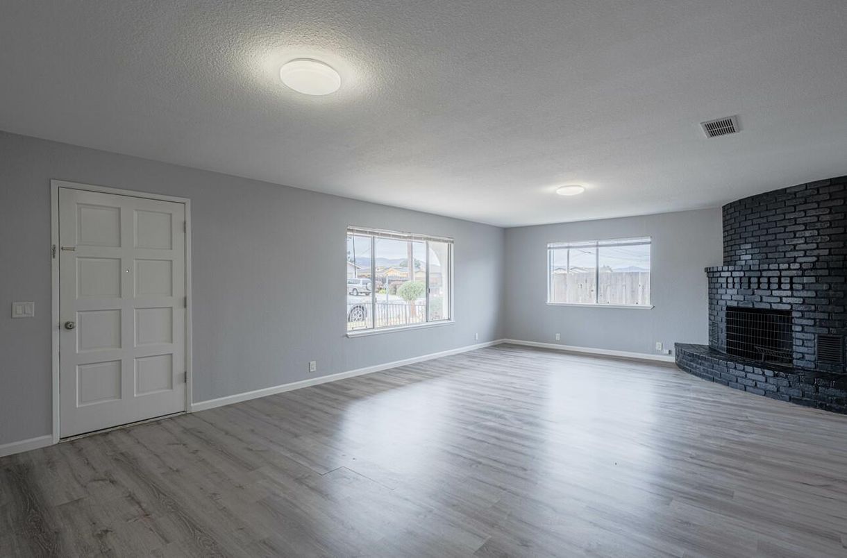 Empty room, Fireplace, Interior, Stone Walls, Wood Texture Flooring