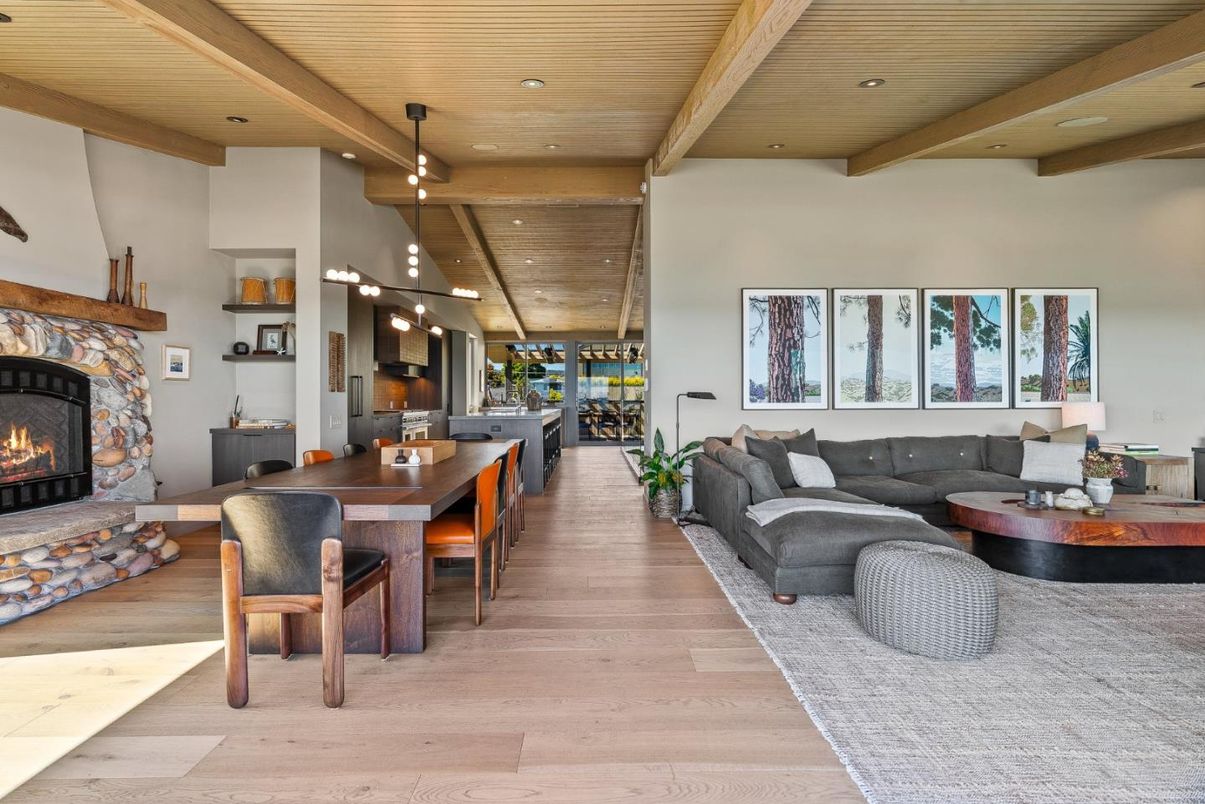 Dining room, Fireplace, Interior, Living room, Pendant Lights, Recessed Lighting, Wooden Beams, Wooden Ceilings, Wood Texture Flooring