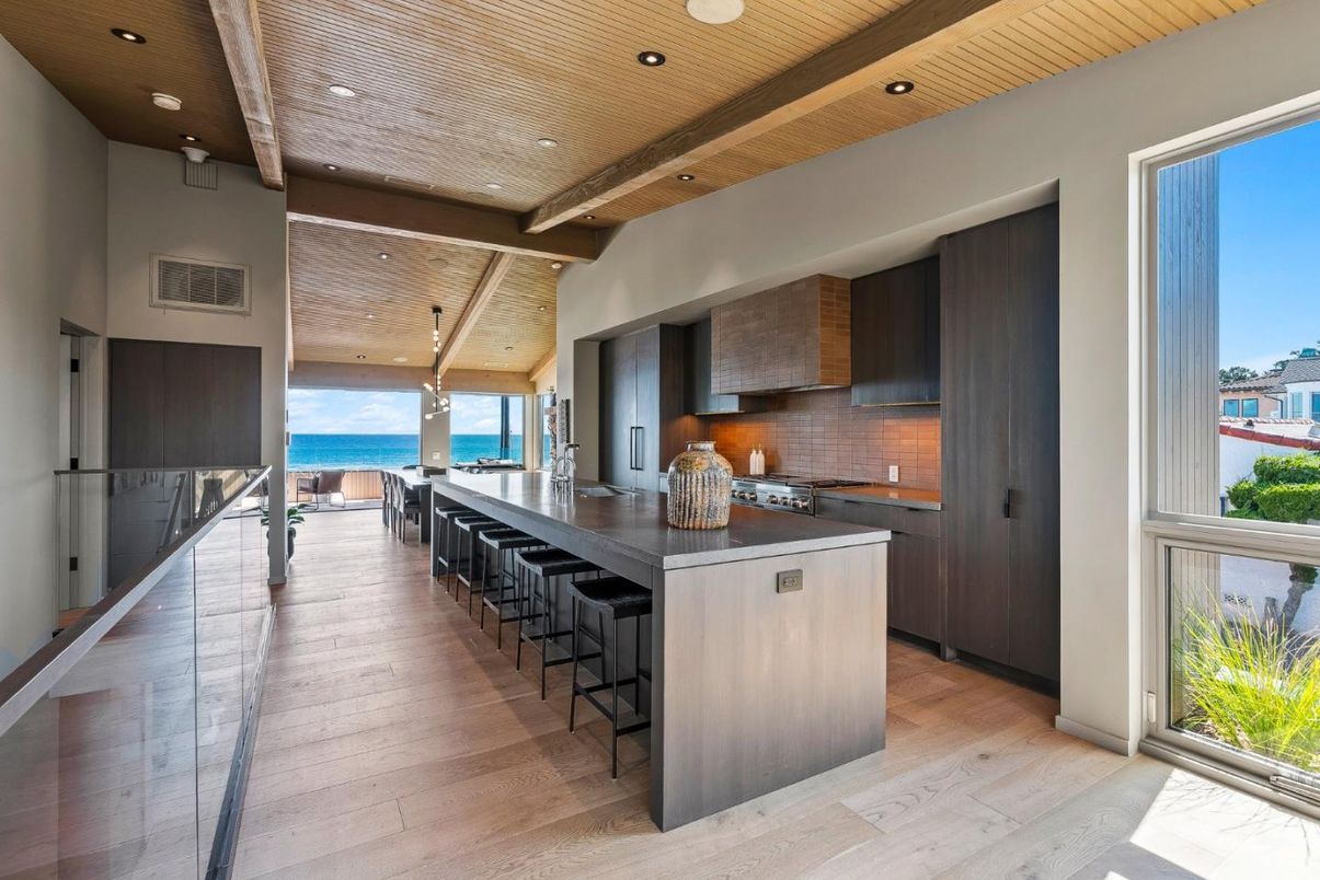 Interior, Kitchen, Recessed Lighting, Stainless Steel Appliances, Water, Wooden Beams, Wooden Ceilings, Wood Texture Flooring