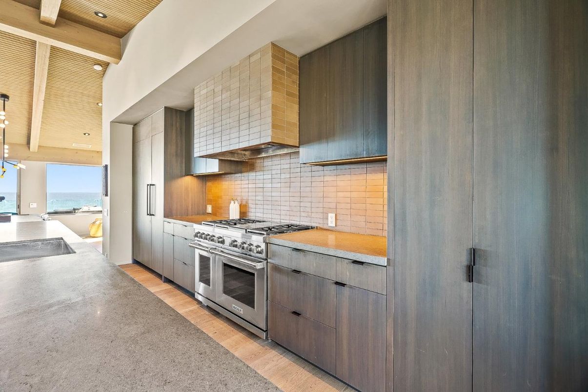 Interior, Kitchen, Pendant Lights, Recessed Lighting, Stainless Steel Appliances, Water, Wood Texture Flooring